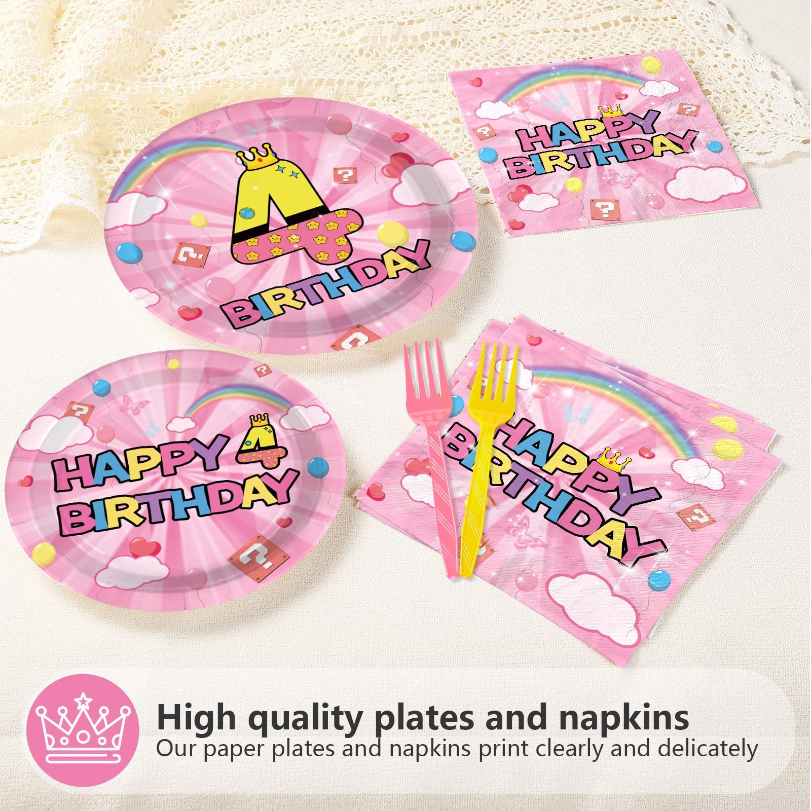 96 Pcs Pink Princess 4th Birthday Party Plates and Napkins - Grencian