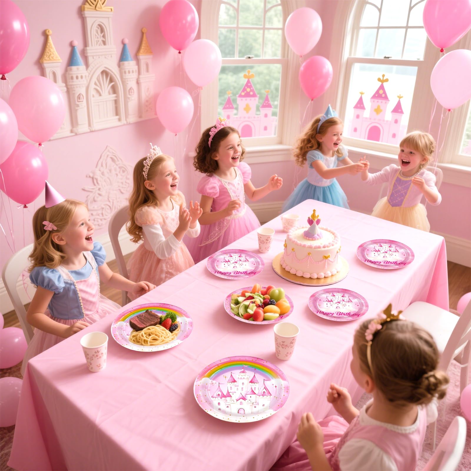 96 Pcs Pink Princess Birthday Party Plates and Napkins - Grencian
