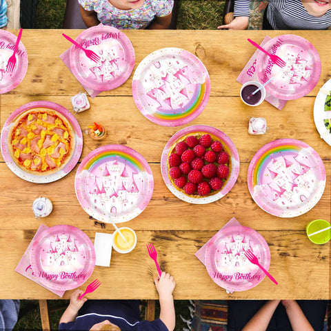96 Pcs Pink Princess Birthday Party Plates and Napkins - Grencian