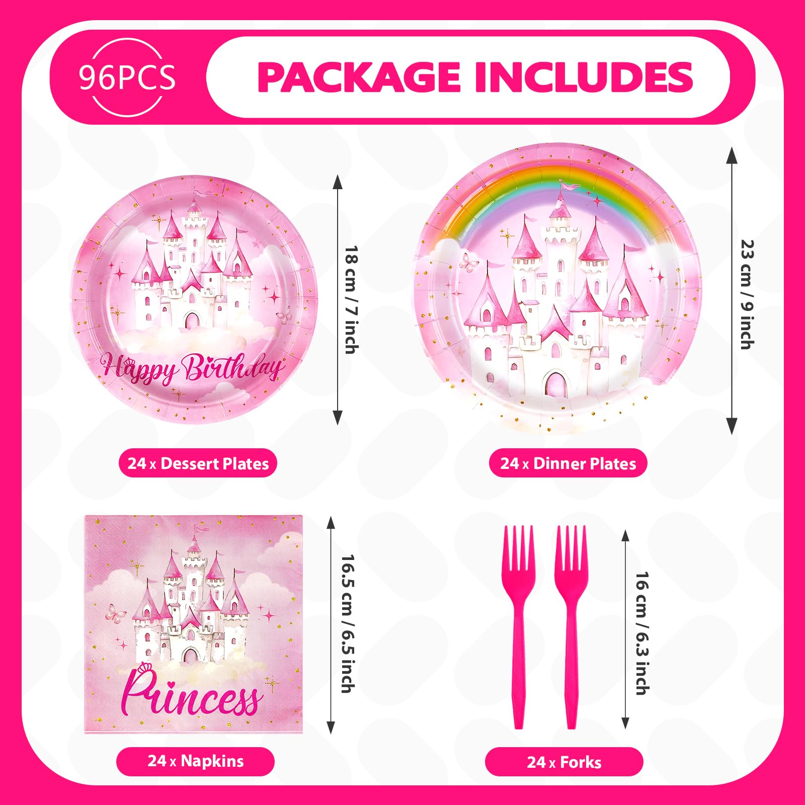 96 Pcs Pink Princess Birthday Party Plates and Napkins - Grencian