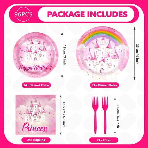 96 Pcs Pink Princess Birthday Party Plates and Napkins - Grencian