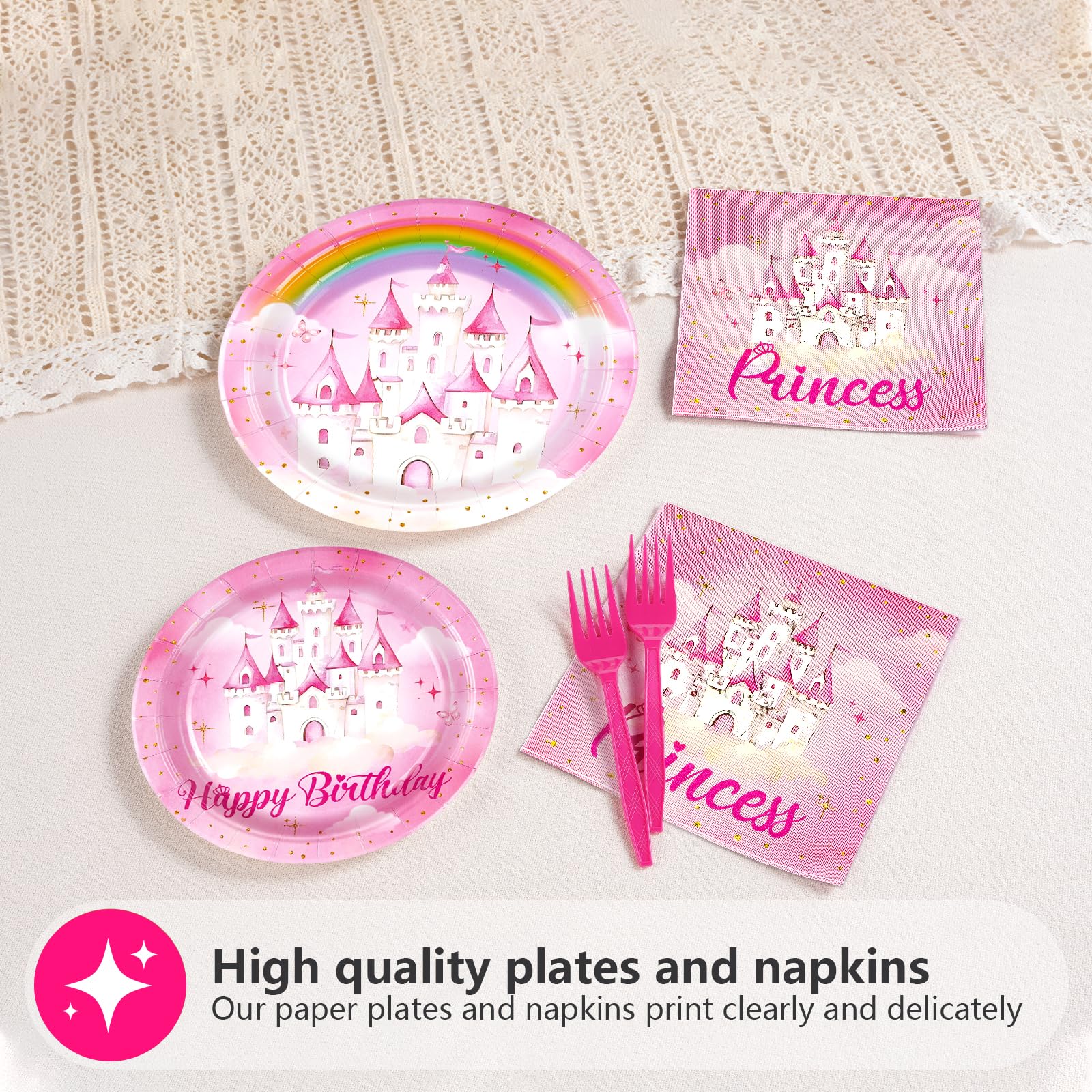 96 Pcs Pink Princess Birthday Party Plates and Napkins - Grencian