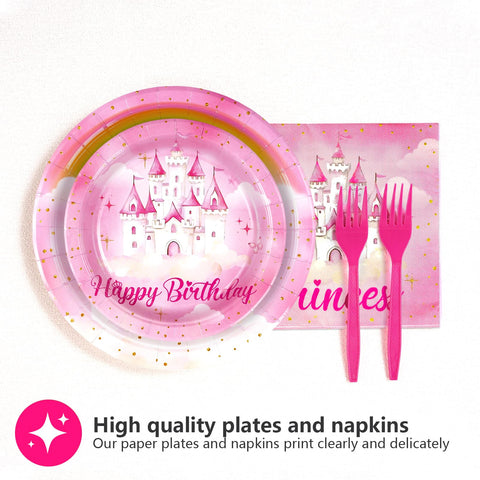 96 Pcs Pink Princess Birthday Party Plates and Napkins - Grencian