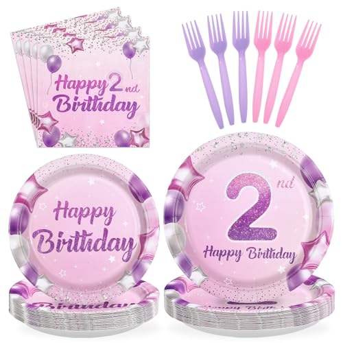 96 Pcs Pink Purple 2nd Birthday Party Plates and Napkins - Grencian