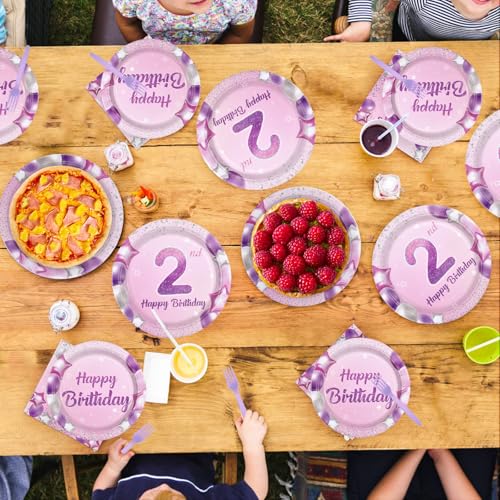 96 Pcs Pink Purple 2nd Birthday Party Plates and Napkins - Grencian