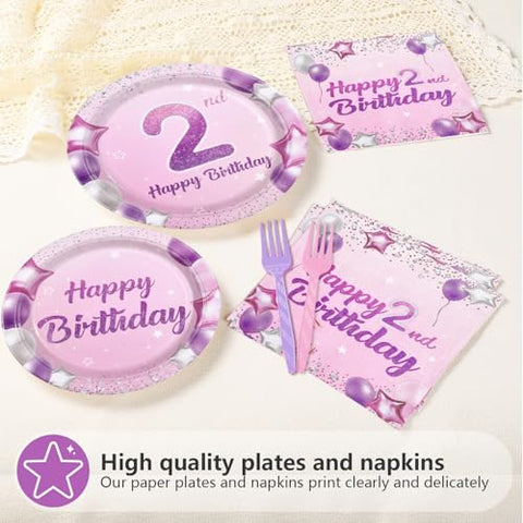 96 Pcs Pink Purple 2nd Birthday Party Plates and Napkins - Grencian