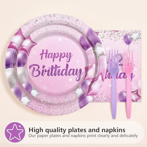96 Pcs Pink Purple 2nd Birthday Party Plates and Napkins - Grencian