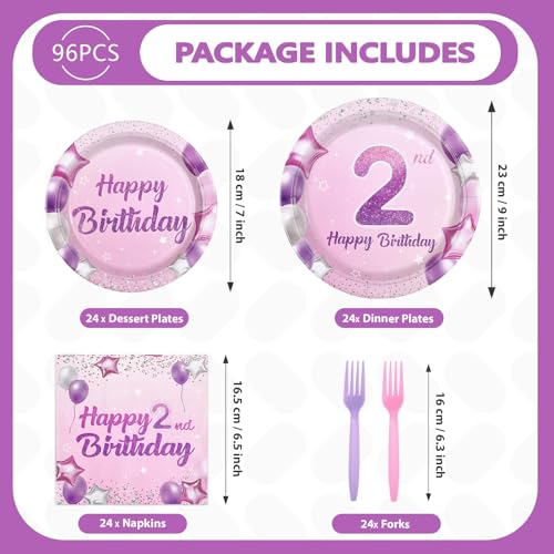 96 Pcs Pink Purple 2nd Birthday Party Plates and Napkins - Grencian