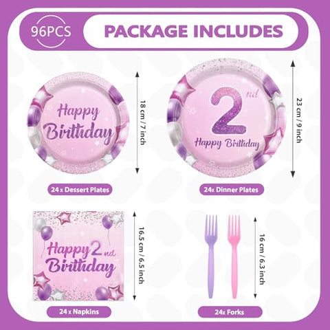 96 Pcs Pink Purple 2nd Birthday Party Plates and Napkins - Grencian