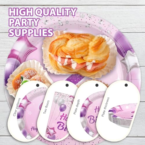 96 Pcs Pink Purple 2nd Birthday Party Plates and Napkins - Grencian