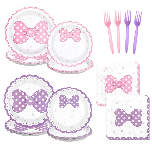 96 Pcs Pink Purple Bows Party Plates and Napkins - Grencian