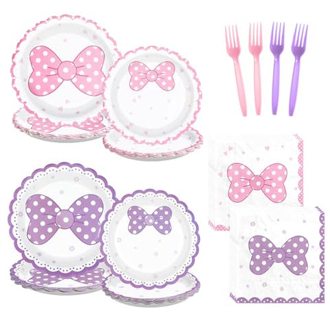96 Pcs Pink Purple Bows Party Plates and Napkins - Grencian