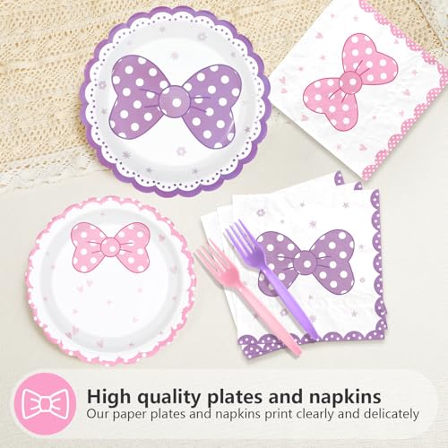 96 Pcs Pink Purple Bows Party Plates and Napkins - Grencian