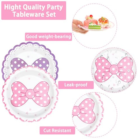 96 Pcs Pink Purple Bows Party Plates and Napkins - Grencian