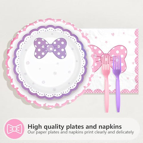 96 Pcs Pink Purple Bows Party Plates and Napkins - Grencian
