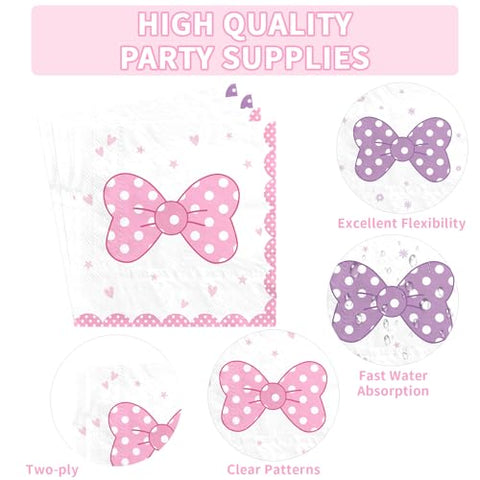 96 Pcs Pink Purple Bows Party Plates and Napkins - Grencian
