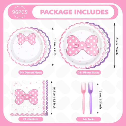 96 Pcs Pink Purple Bows Party Plates and Napkins - Grencian