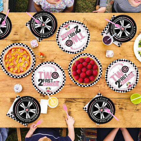 96 Pcs Pink Race Car 2nd Birthday Party Plates and Napkins - Grencian
