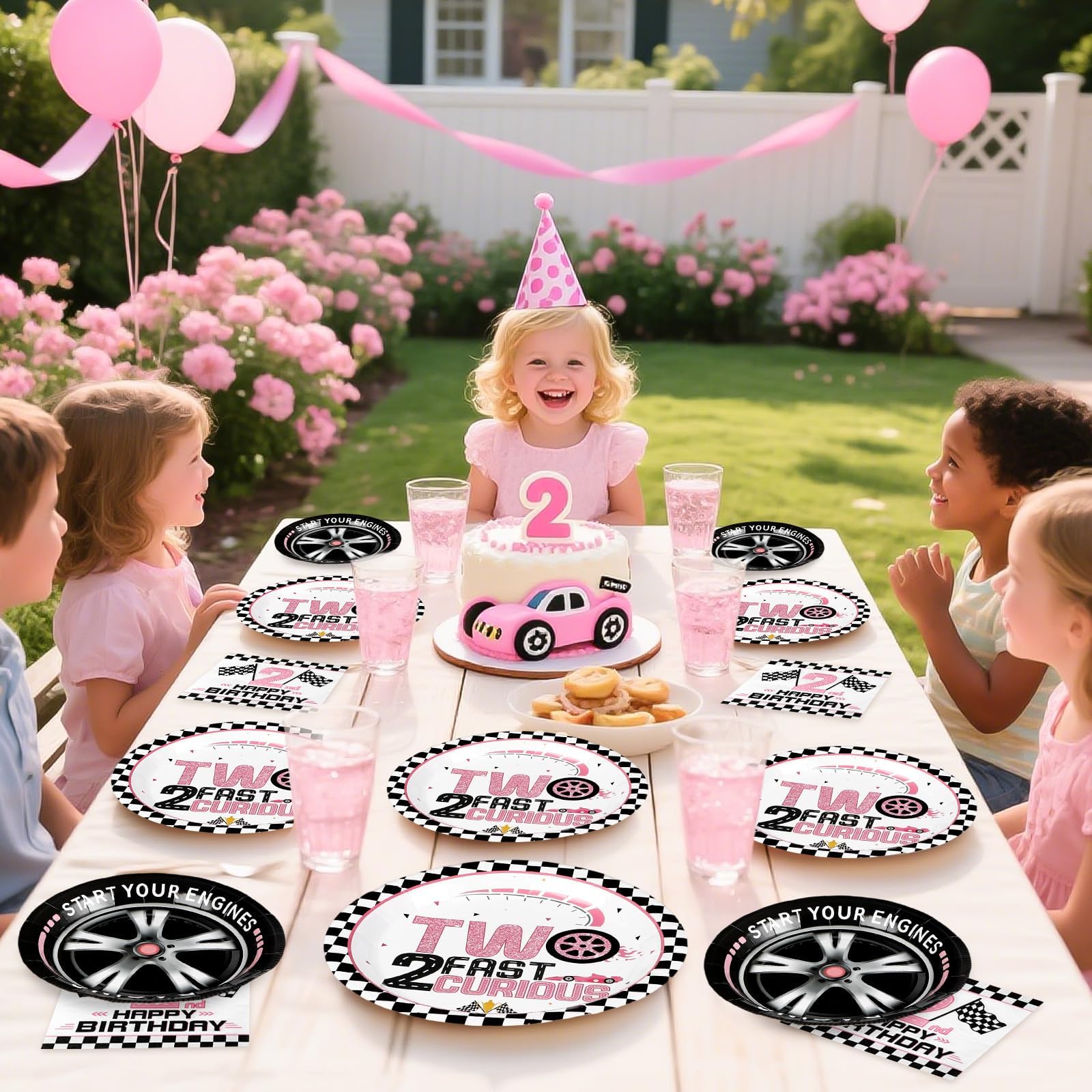 96 Pcs Pink Race Car 2nd Birthday Party Plates and Napkins - Grencian