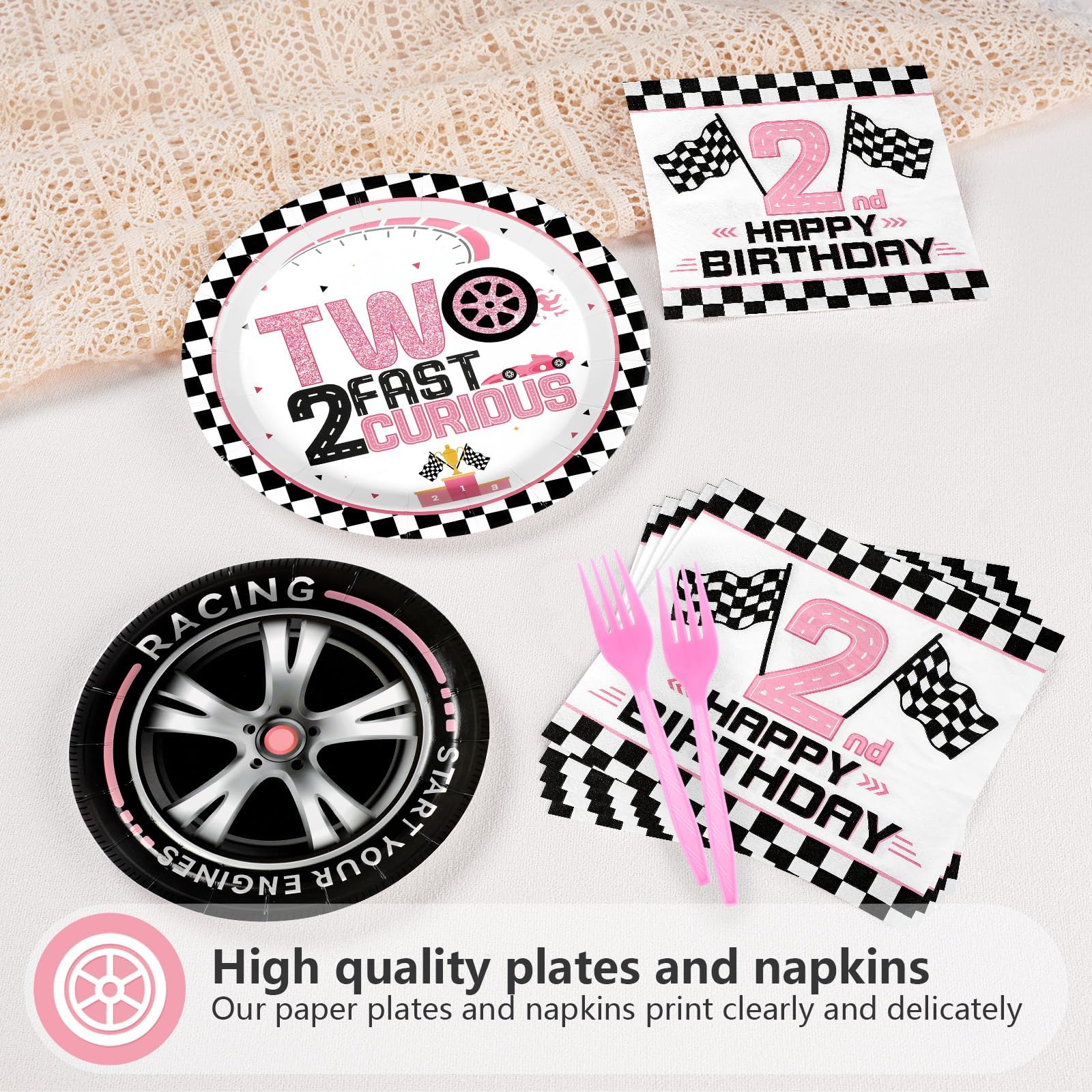 96 Pcs Pink Race Car 2nd Birthday Party Plates and Napkins - Grencian