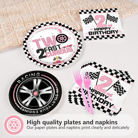 96 Pcs Pink Race Car 2nd Birthday Party Plates and Napkins - Grencian