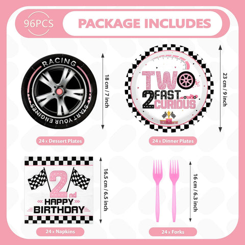 96 Pcs Pink Race Car 2nd Birthday Party Plates and Napkins - Grencian