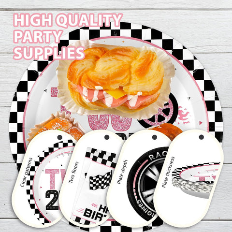 96 Pcs Pink Race Car 2nd Birthday Party Plates and Napkins - Grencian