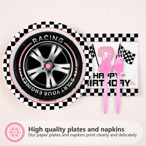 96 Pcs Pink Race Car 2nd Birthday Party Plates and Napkins - Grencian