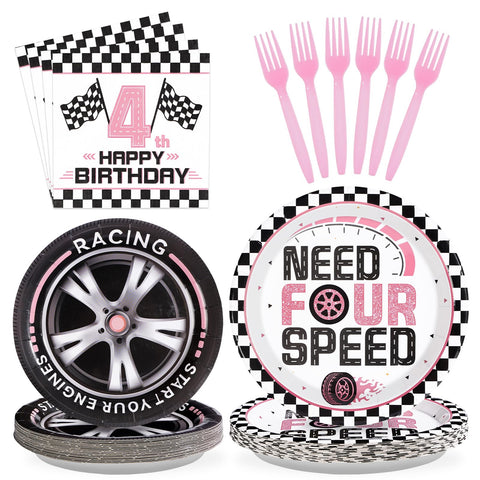 96 Pcs Pink Race Car 4th Birthday Party Plates and Napkins - Grencian
