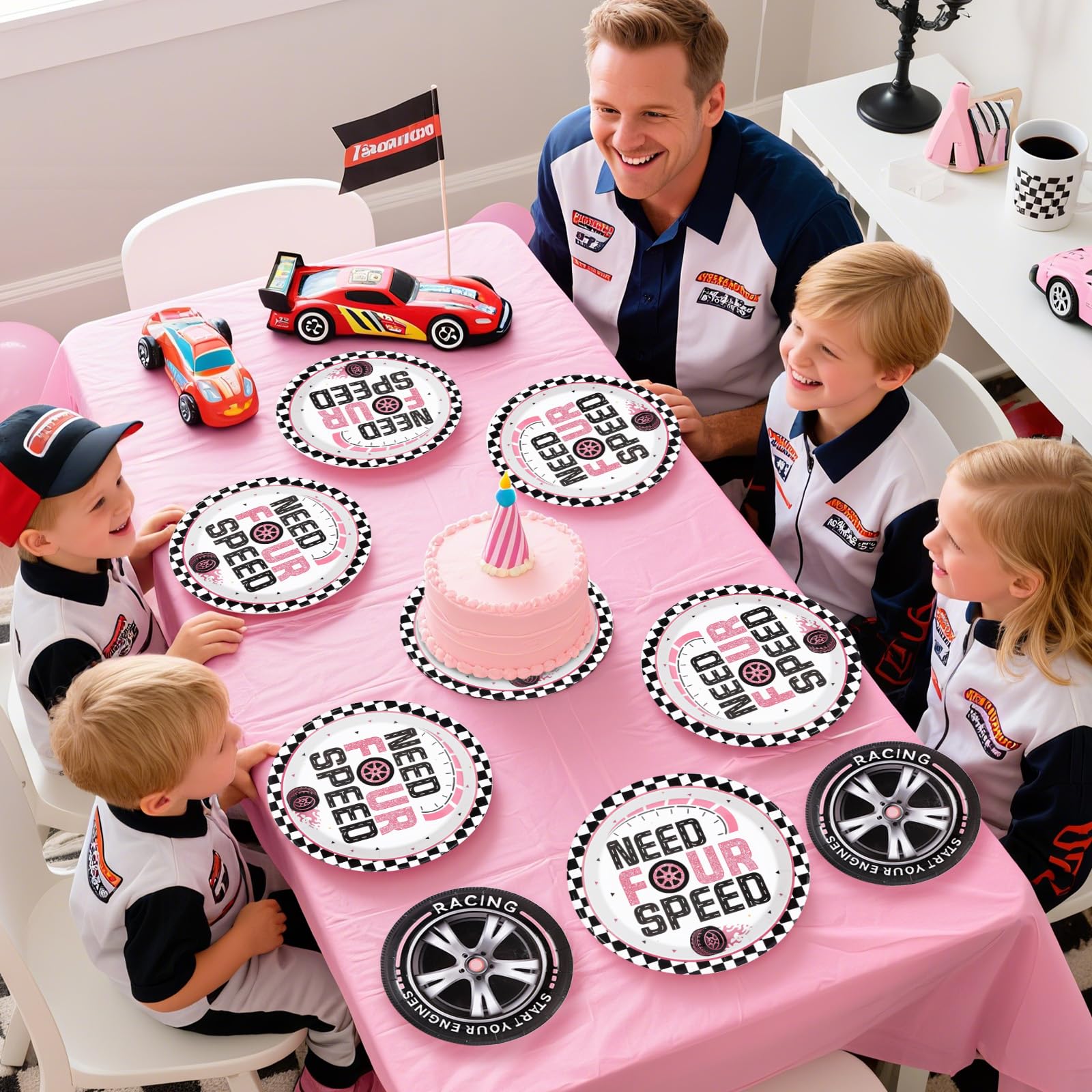 96 Pcs Pink Race Car 4th Birthday Party Plates and Napkins - Grencian