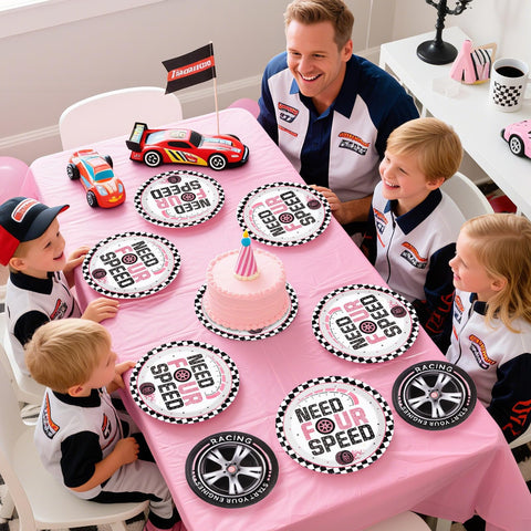 96 Pcs Pink Race Car 4th Birthday Party Plates and Napkins - Grencian