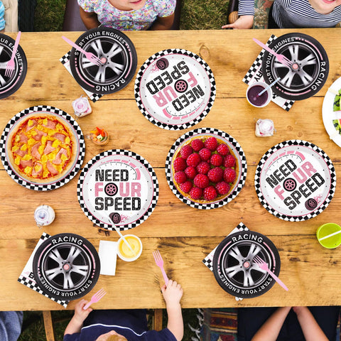 96 Pcs Pink Race Car 4th Birthday Party Plates and Napkins - Grencian