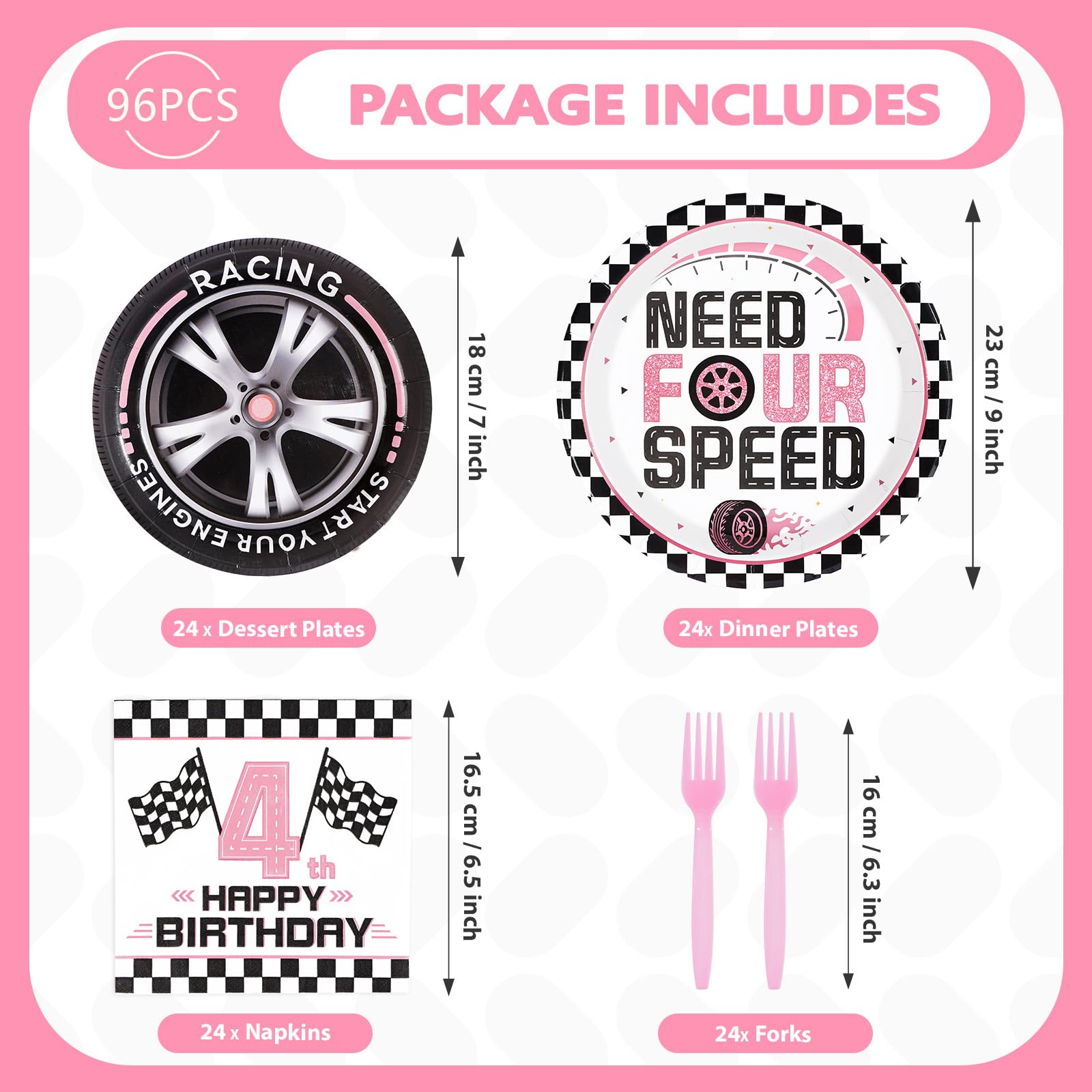 96 Pcs Pink Race Car 4th Birthday Party Plates and Napkins - Grencian