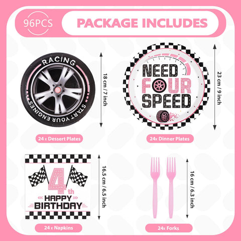96 Pcs Pink Race Car 4th Birthday Party Plates and Napkins - Grencian