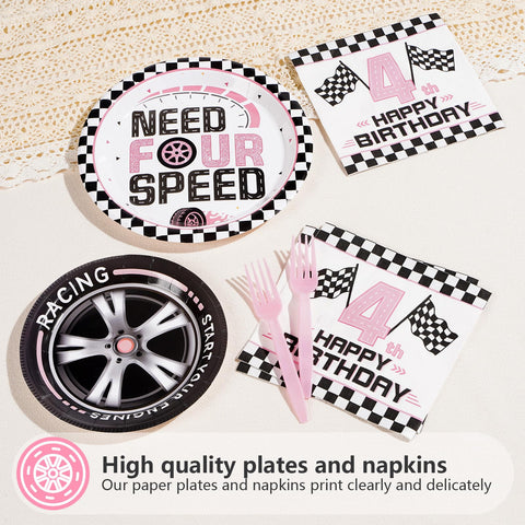 96 Pcs Pink Race Car 4th Birthday Party Plates and Napkins - Grencian