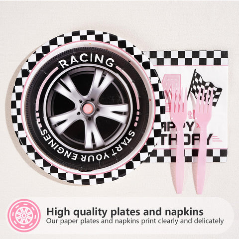 96 Pcs Pink Race Car 4th Birthday Party Plates and Napkins - Grencian