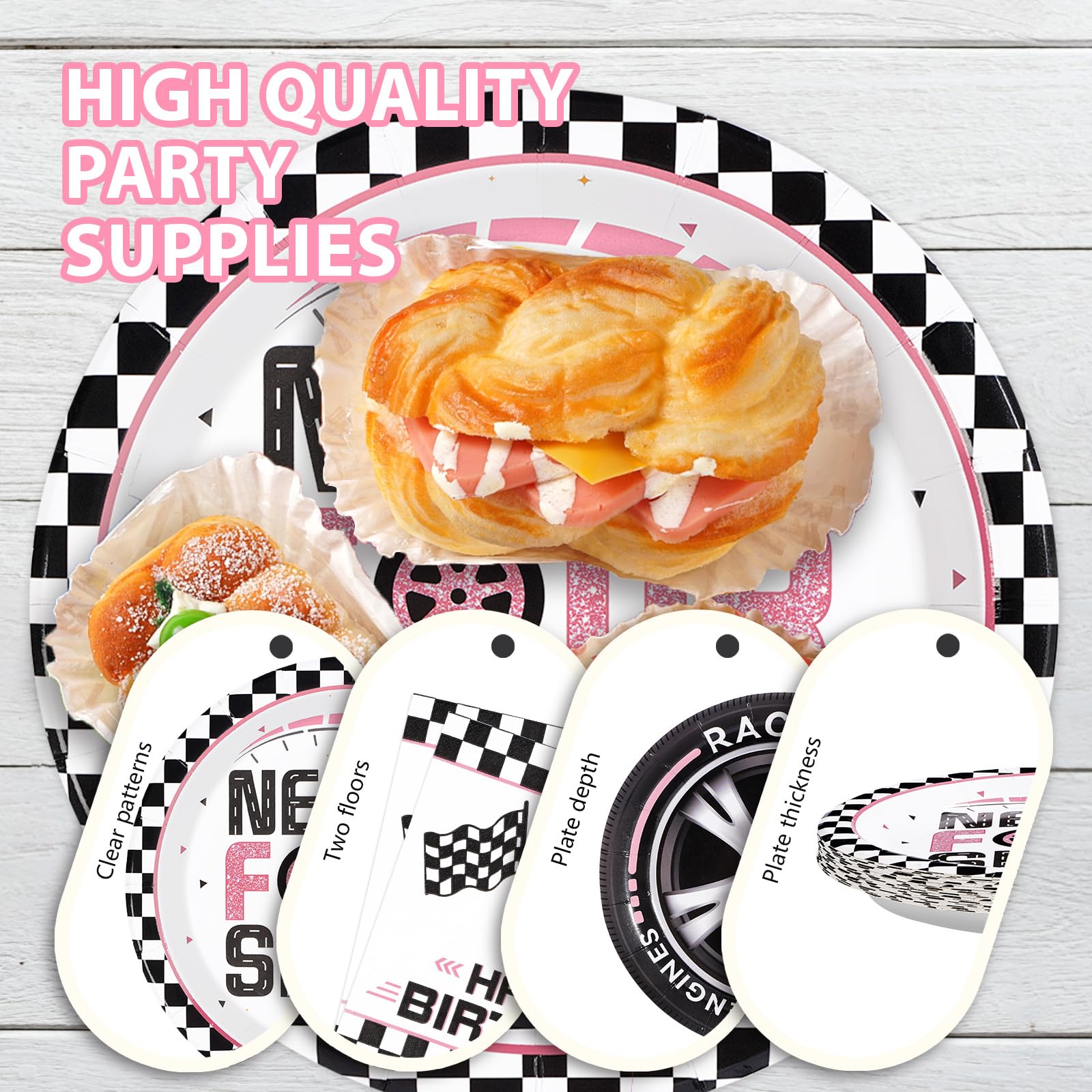 96 Pcs Pink Race Car 4th Birthday Party Plates and Napkins - Grencian