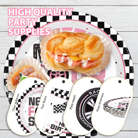 96 Pcs Pink Race Car 4th Birthday Party Plates and Napkins - Grencian