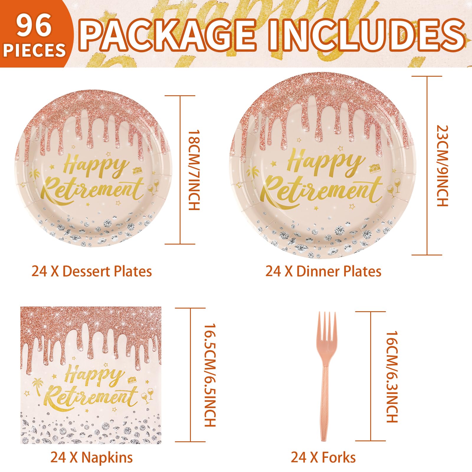 96 Pcs Pink Retirement Party Plates and Napkins - Grencian