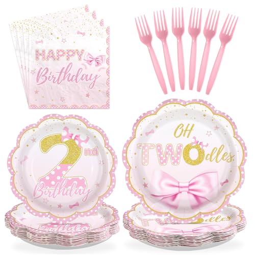 96 Pcs Pink Rose Bows 2nd Birthday Party Plates and Napkins - Grencian