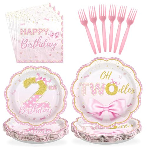 96 Pcs Pink Rose Bows 2nd Birthday Party Plates and Napkins - Grencian