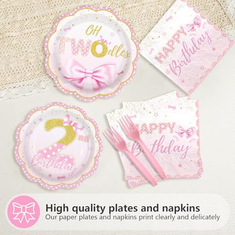 96 Pcs Pink Rose Bows 2nd Birthday Party Plates and Napkins - Grencian
