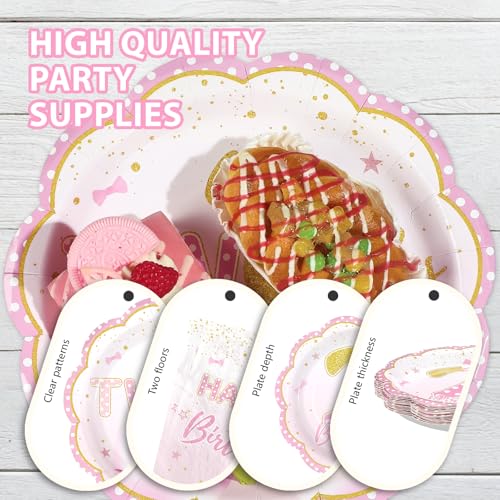 96 Pcs Pink Rose Bows 2nd Birthday Party Plates and Napkins - Grencian