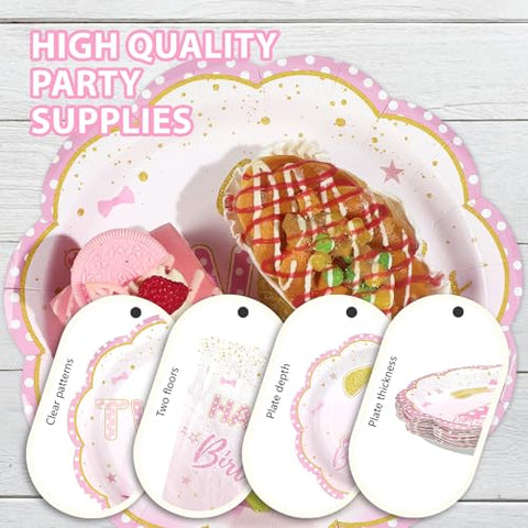96 Pcs Pink Rose Bows 2nd Birthday Party Plates and Napkins - Grencian