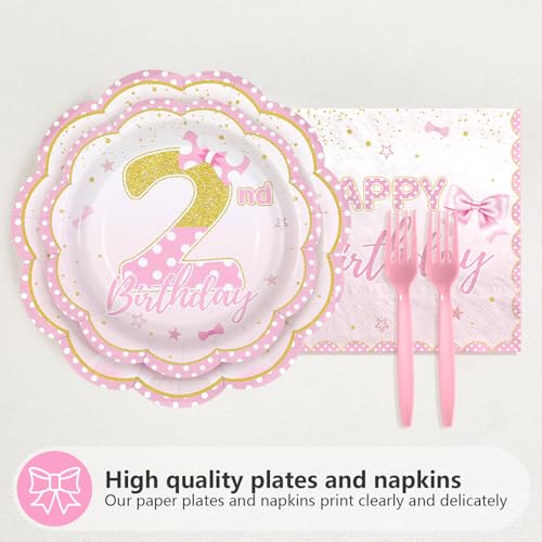 96 Pcs Pink Rose Bows 2nd Birthday Party Plates and Napkins - Grencian