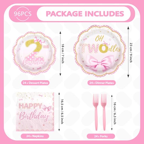 96 Pcs Pink Rose Bows 2nd Birthday Party Plates and Napkins - Grencian