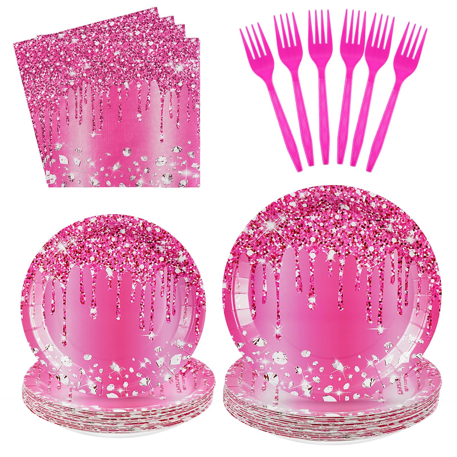 96 Pcs Pink Silver Birthday Party Plates and Napkins - Grencian