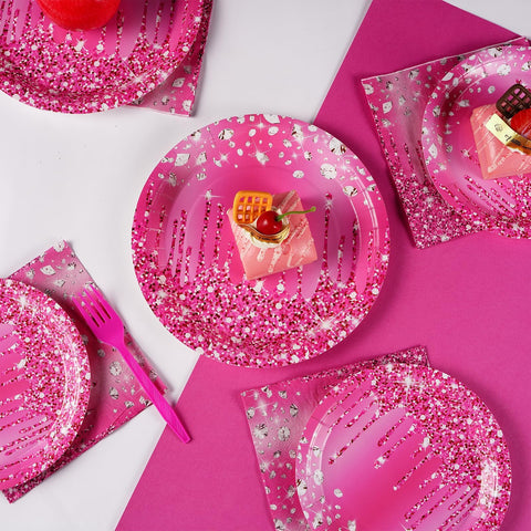 96 Pcs Pink Silver Birthday Party Plates and Napkins - Grencian