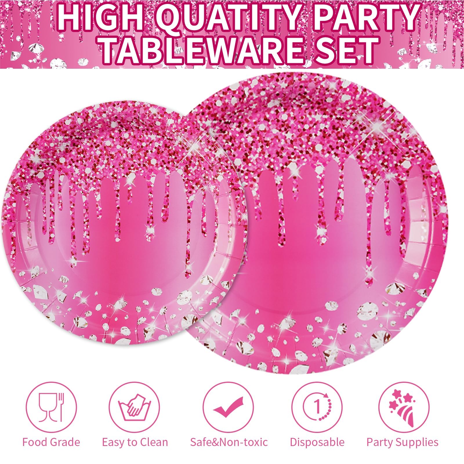 96 Pcs Pink Silver Birthday Party Plates and Napkins - Grencian