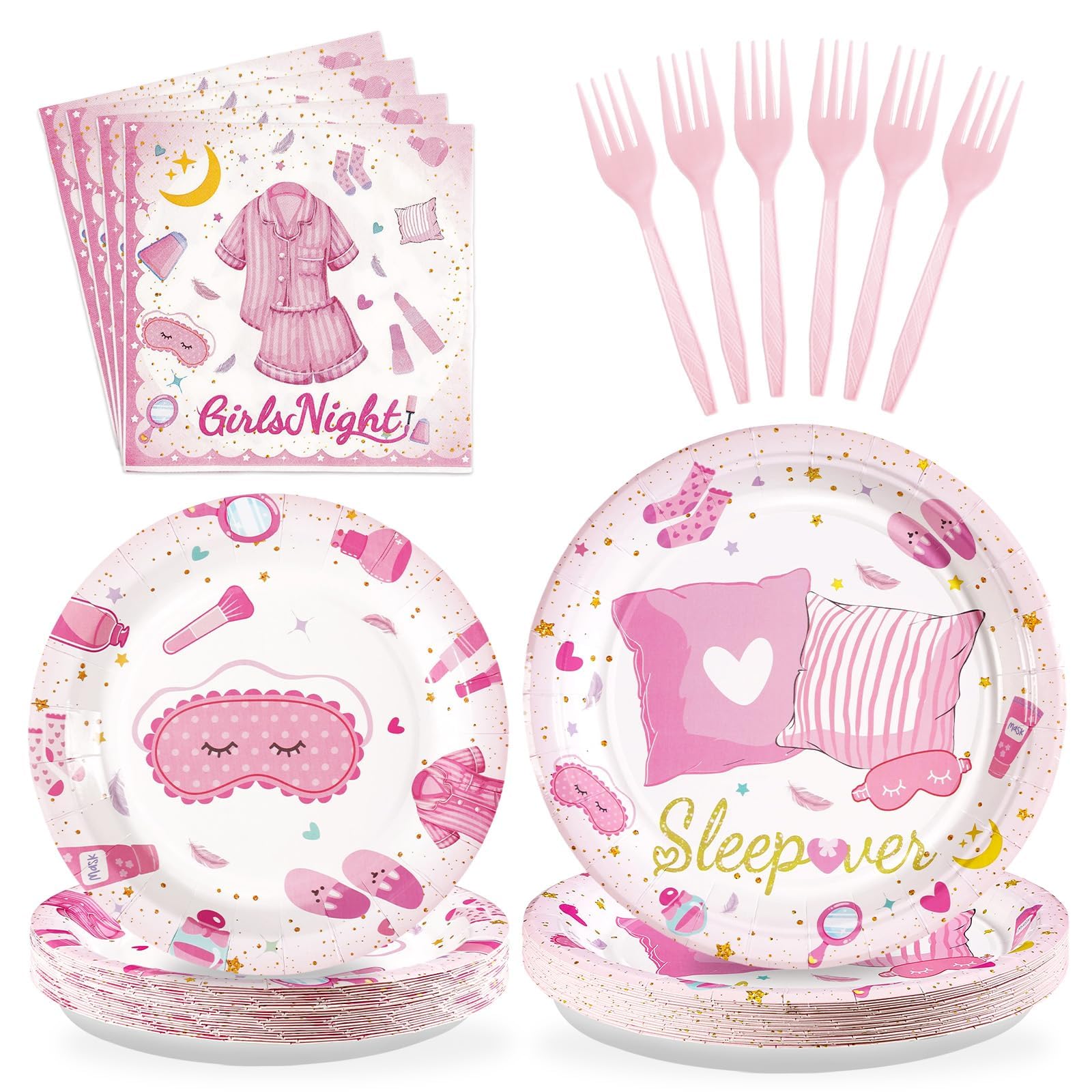 96 Pcs Pink Sleepover Party Plates and Napkins - Grencian